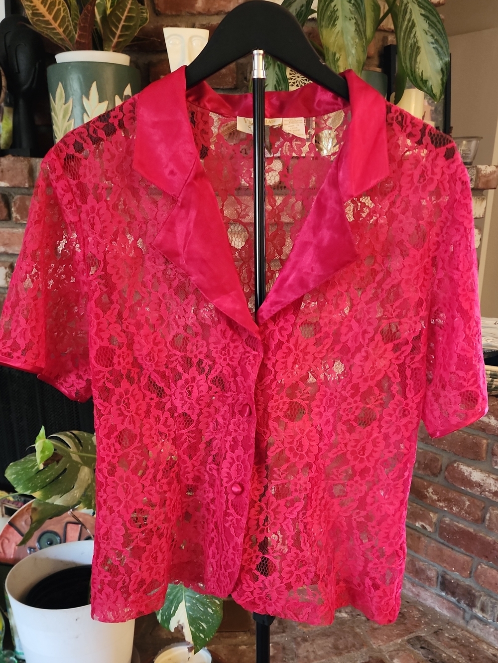 Vintage Victoria’s Secret Gold Label Red Sheer Lace Button-Up Blouse